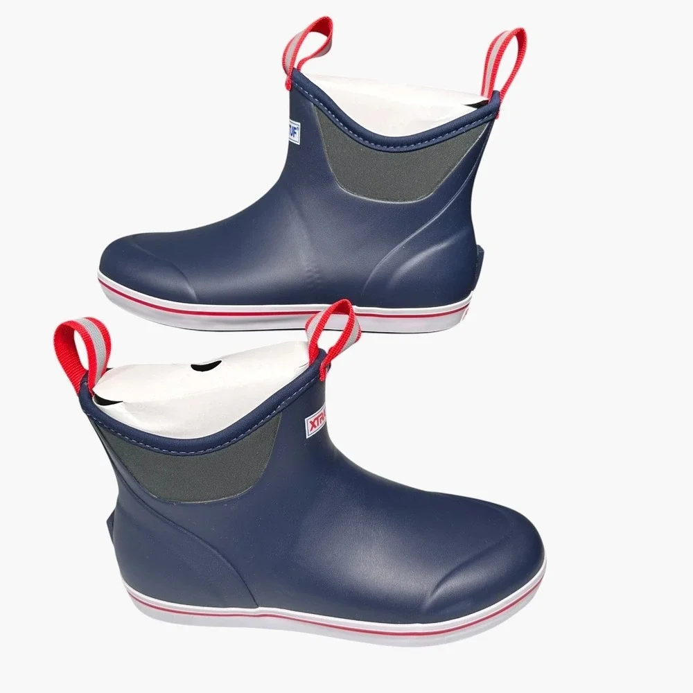 Xtratuf Ankle Deck Boots Mens 9 Navy Blue Red White Waterproof Rubber Slip On